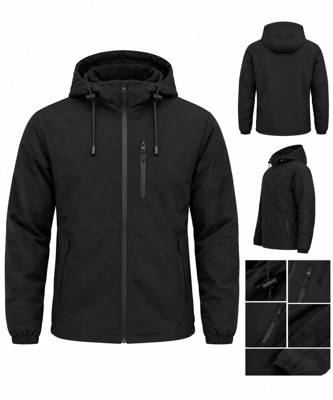 Casaca impermeable negra con capucha, vista de frente, de espalda, de lado y en detalle