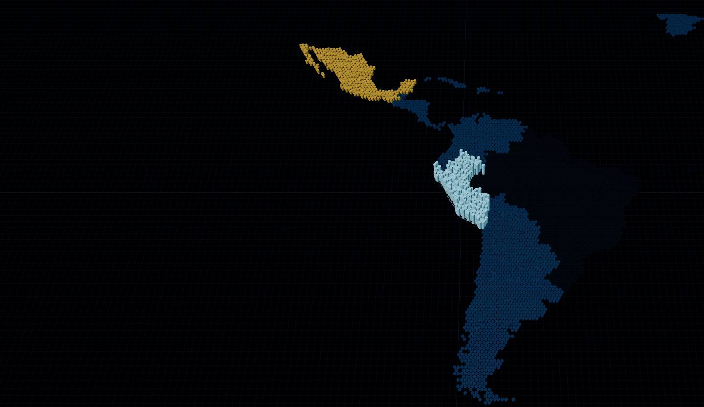 Mapa de Latinoamérica en columnas hexagonales en 3D: Perú encendido, México en ámbar y el resto en espera